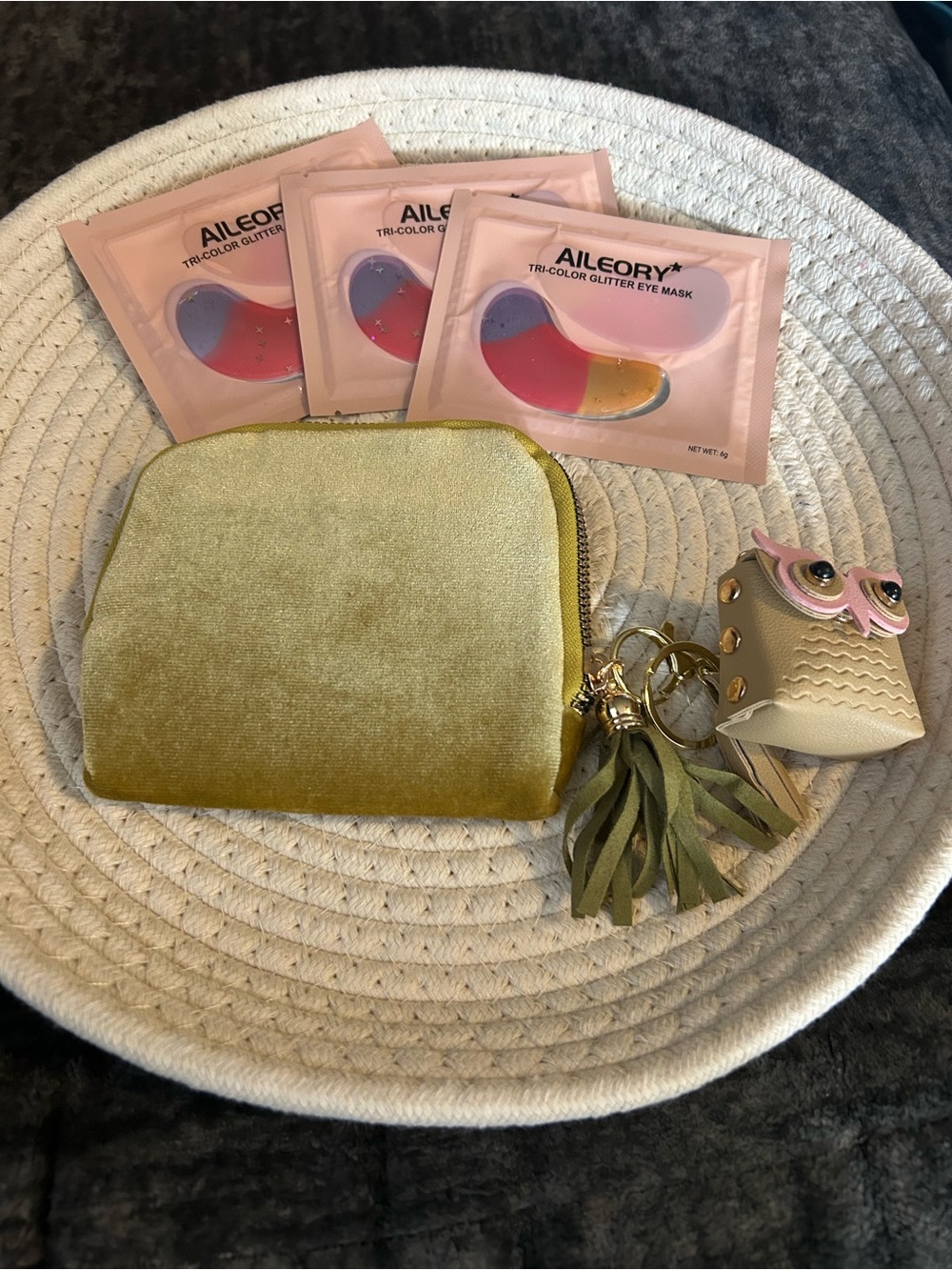 Velvet Olive Green Purse Pouch with Tassel Keychain,Owl bag charm and 3 Eye Mask